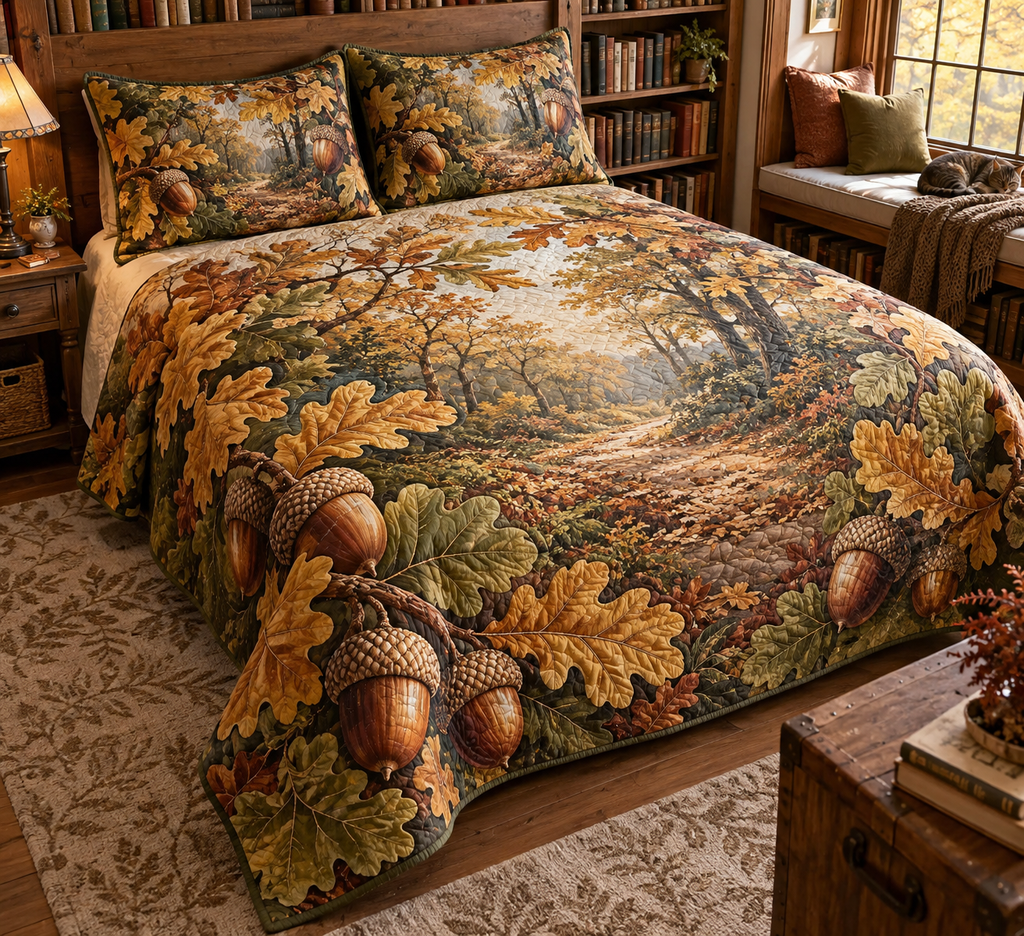 Acorns & Oak Leaves Reading Nook Bedding Set with flat printed optical 3D acorns and oak leaves