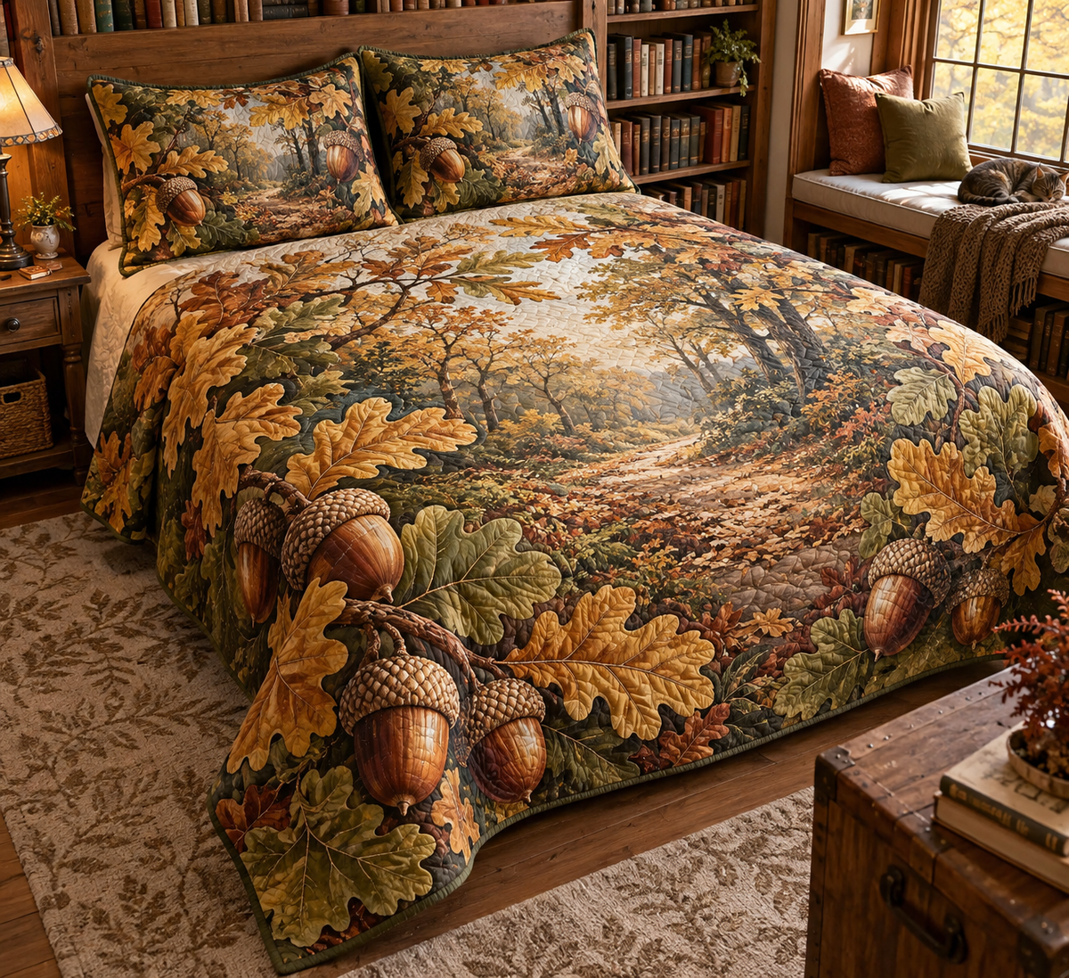 Acorns & Oak Leaves Reading Nook Bedding Set with flat printed optical 3D acorns and oak leaves