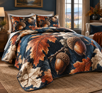 Acorns & Oak Leaves Bedroom Bedding Set with flat printed optical 3D bronze acorns and burgundy oak leaves
