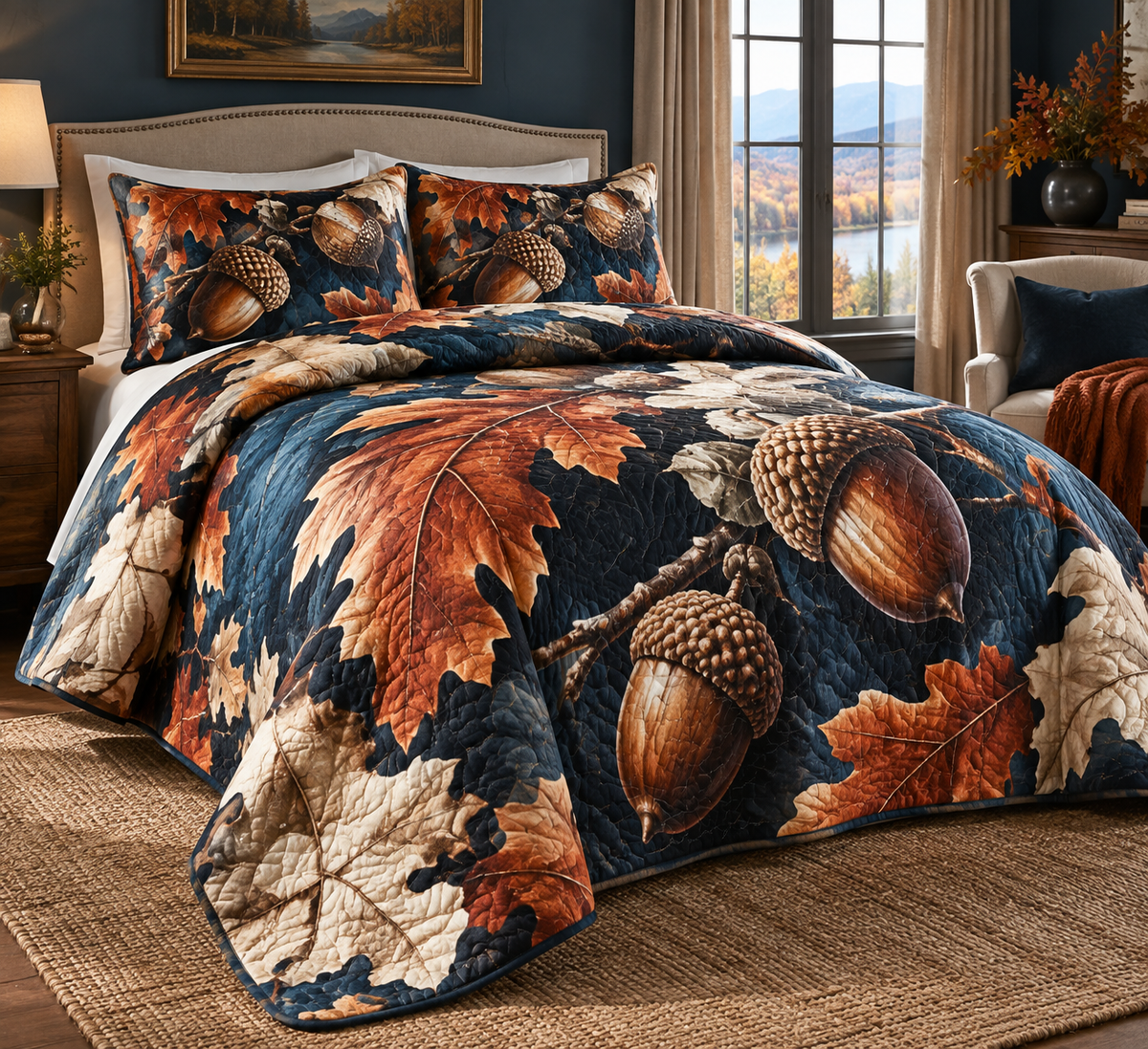 Acorns & Oak Leaves Bedroom Bedding Set with flat printed optical 3D bronze acorns and burgundy oak leaves