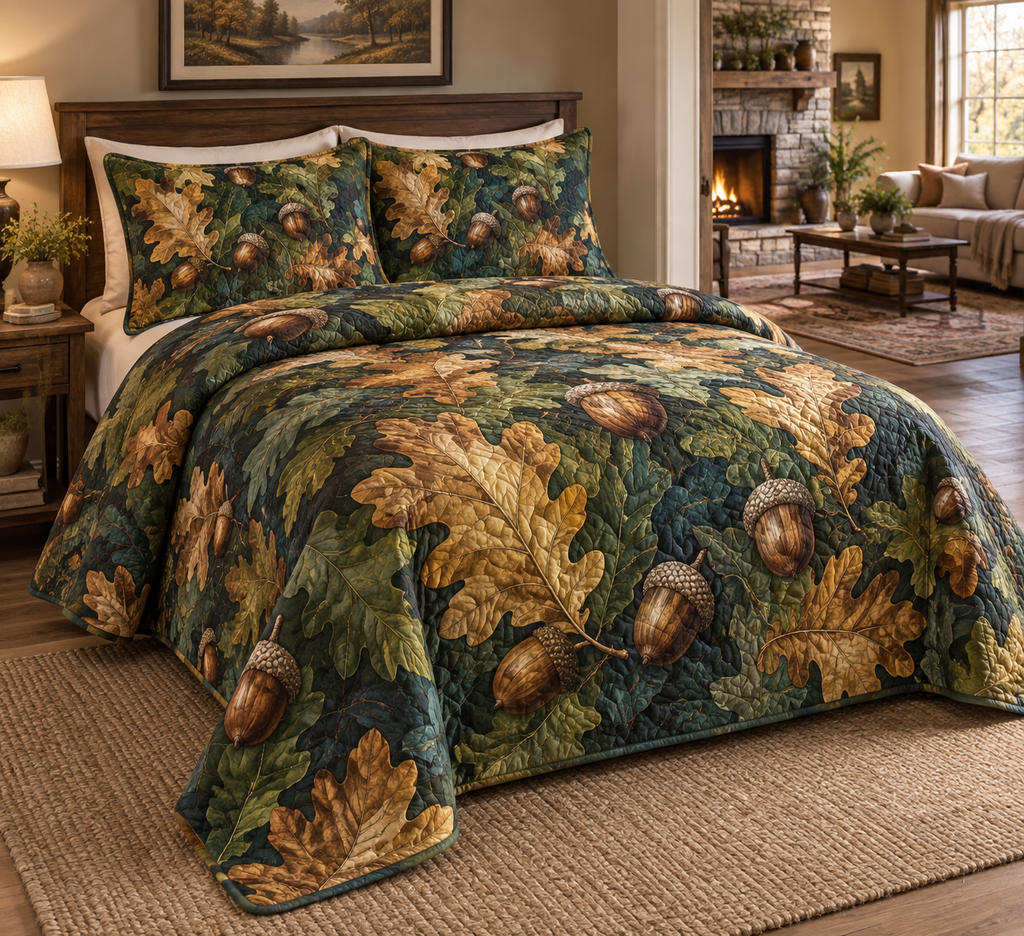 Acorns & Oak Leaves Living Room Bedding Set with flat printed optical 3D acorns, curling copper oak leaves and jade moss