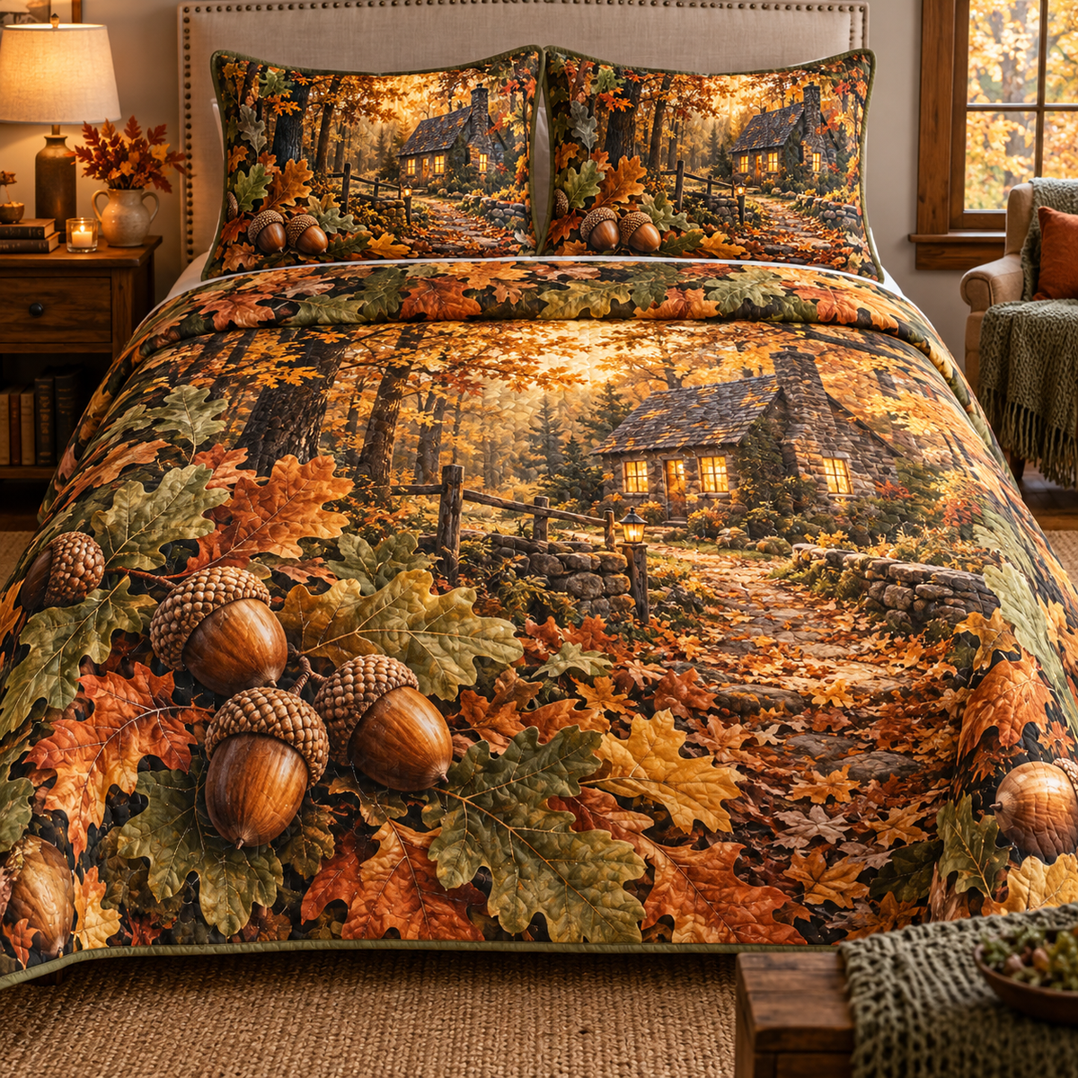 One quilt and two matching shams with flat printed layered celestial rings in a furnished studio room.
