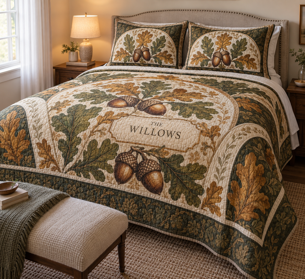 Acorns & Oak Leaves Housewarming Bedding Set with flat printed optical 3D acorns and oak leaves; sample family name shown on item