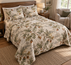 Acorns & Oak Leaves Quiet Corner Bedding Set with flat printed optical 3D cinnamon acorns, sage oak leaves and soft woodland shadows