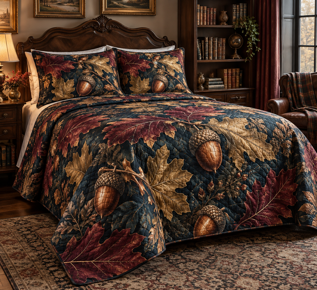 Acorns & Oak Leaves Collector Gift Bedding Set with flat printed optical 3D mahogany acorns, antique-bronze oak leaves and emerald shadows