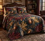 Acorns & Oak Leaves Collector Gift Bedding Set with flat printed optical 3D mahogany acorns, antique-bronze oak leaves and emerald shadows