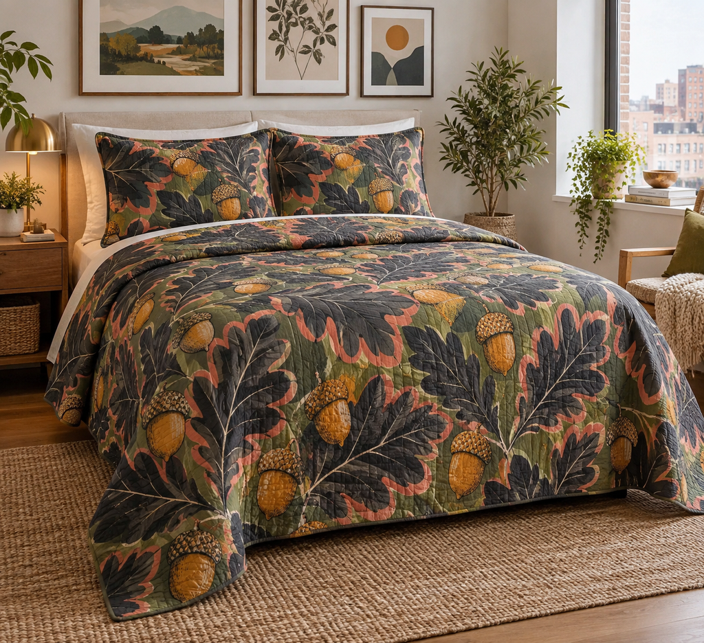 Acorns & Oak Leaves Gallery Wall Bedding Set with flat printed optical 3D charcoal oak leaves, terracotta acorns and jade shadows