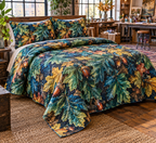 Acorns & Oak Leaves Studio Bedding Set with flat printed optical 3D turquoise oak leaves, copper acorns and cobalt shadows