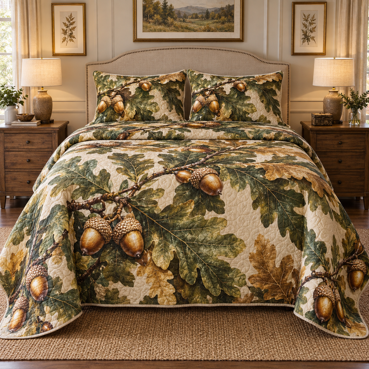 One quilt and two matching shams with flat printed layered celestial rings in a furnished studio room.
