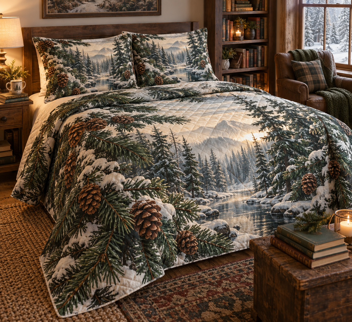 Pinecones & Needles Reading Nook Bedding Set with flat printed optical 3D pine needles, pinecones and woodland shadows