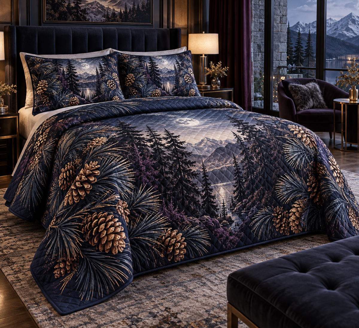 Pinecones & Needles Bedroom Bedding Set with flat printed optical 3D midnight pine needles, copper pinecones and silver highlights