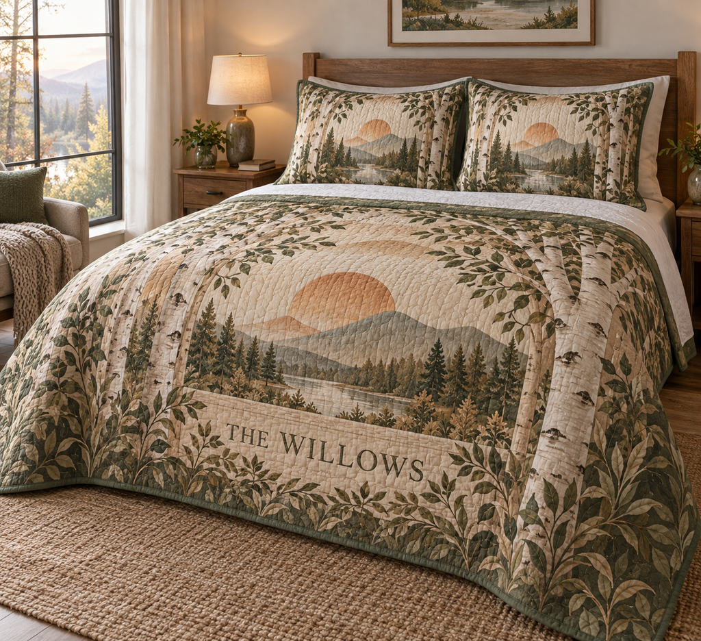 Birch Grove Housewarming Bedding Set with flat printed optical 3D birch grove; sample family name shown on item