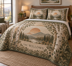Birch Grove Housewarming Bedding Set with flat printed optical 3D birch grove; sample family name shown on item
