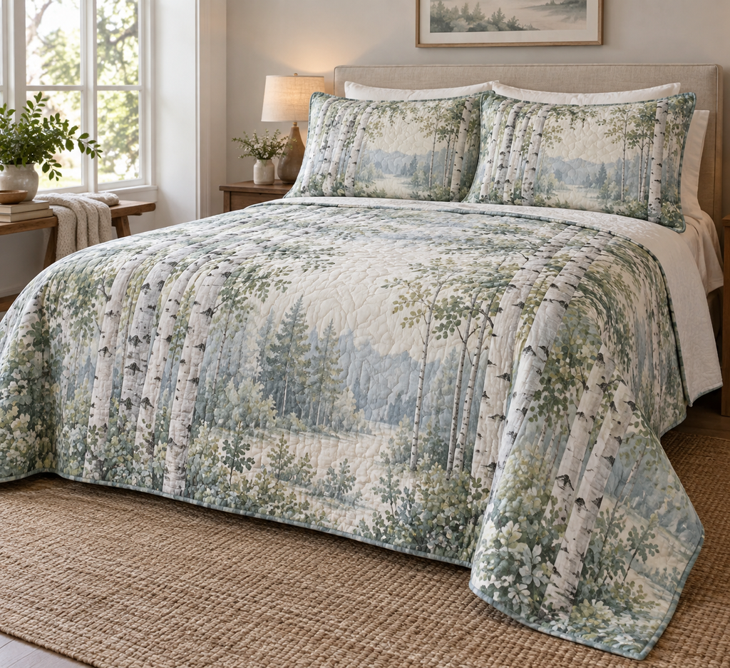 Birch Grove Quiet Corner Bedding Set with flat printed optical 3D pale birch trunks, sage leaves and misty woodland light