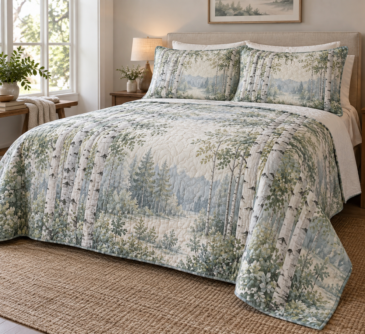 Birch Grove Quiet Corner Bedding Set with flat printed optical 3D pale birch trunks, sage leaves and misty woodland light