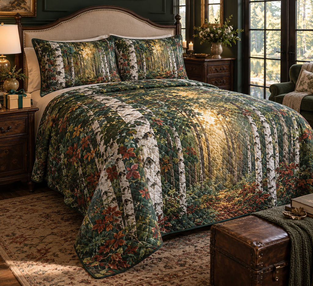 Birch Grove Collector Bedding Set with flat printed optical 3D ivory birch trunks, emerald leaves and copper-gold woodland light