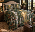 Birch Grove Collector Bedding Set with flat printed optical 3D ivory birch trunks, emerald leaves and copper-gold woodland light