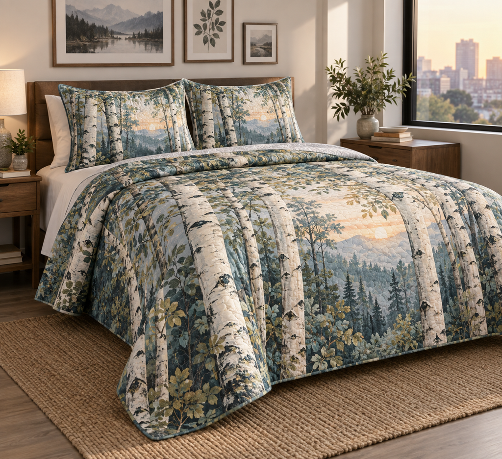 Birch Grove Gallery Bedding Set with flat printed optical 3D ivory birch trunks, teal and sage leaves and warm light