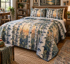 Birch Grove Hobby Studio Bedding Set with flat printed optical 3D ivory birch trunks, emerald and teal leaves and creative studio light