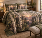 Birch Grove Host Gift Bedding Set with flat printed optical 3D porcelain birch trunks, sage leaves and copper light