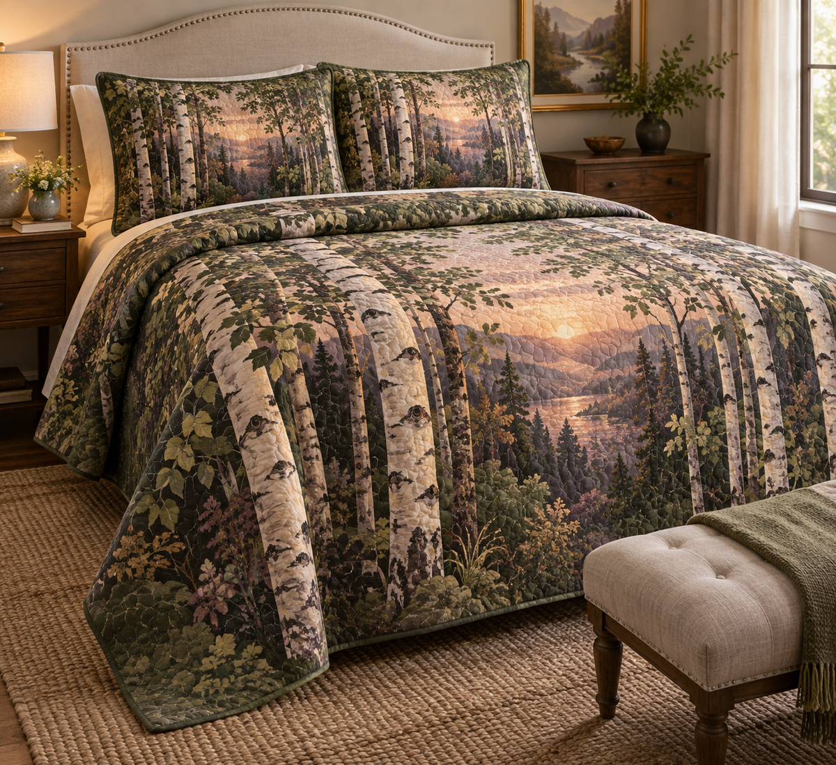 Birch Grove Host Gift Bedding Set with flat printed optical 3D porcelain birch trunks, sage leaves and copper light