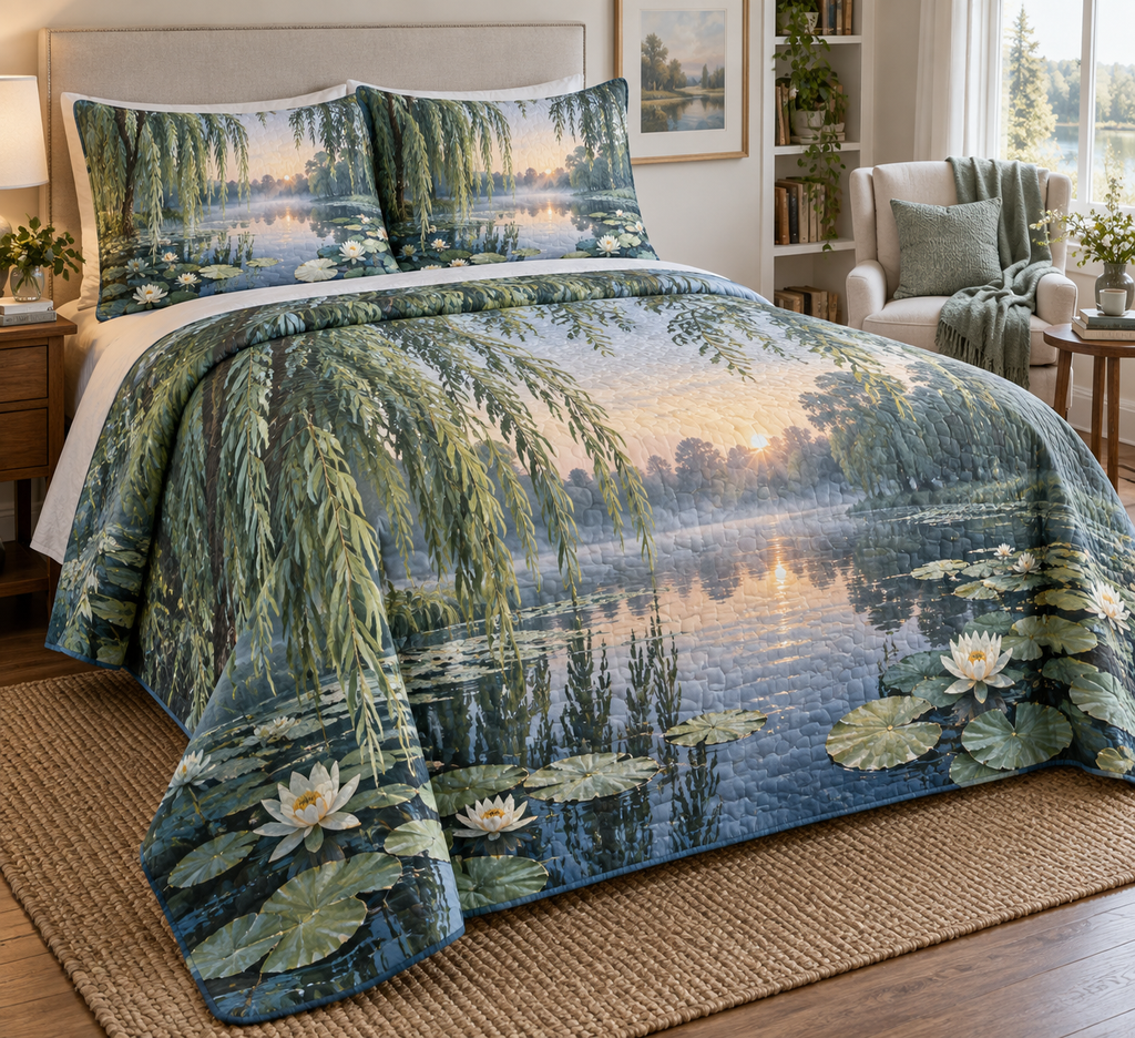 Willow Pond Reading Nook Bedding Set with flat printed optical 3D willow fronds, jade pond ripples and water lilies