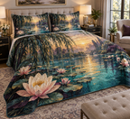 Willow Pond Bedroom Bedding Set with flat printed optical 3D willow branches, blue pond ripples and water lilies