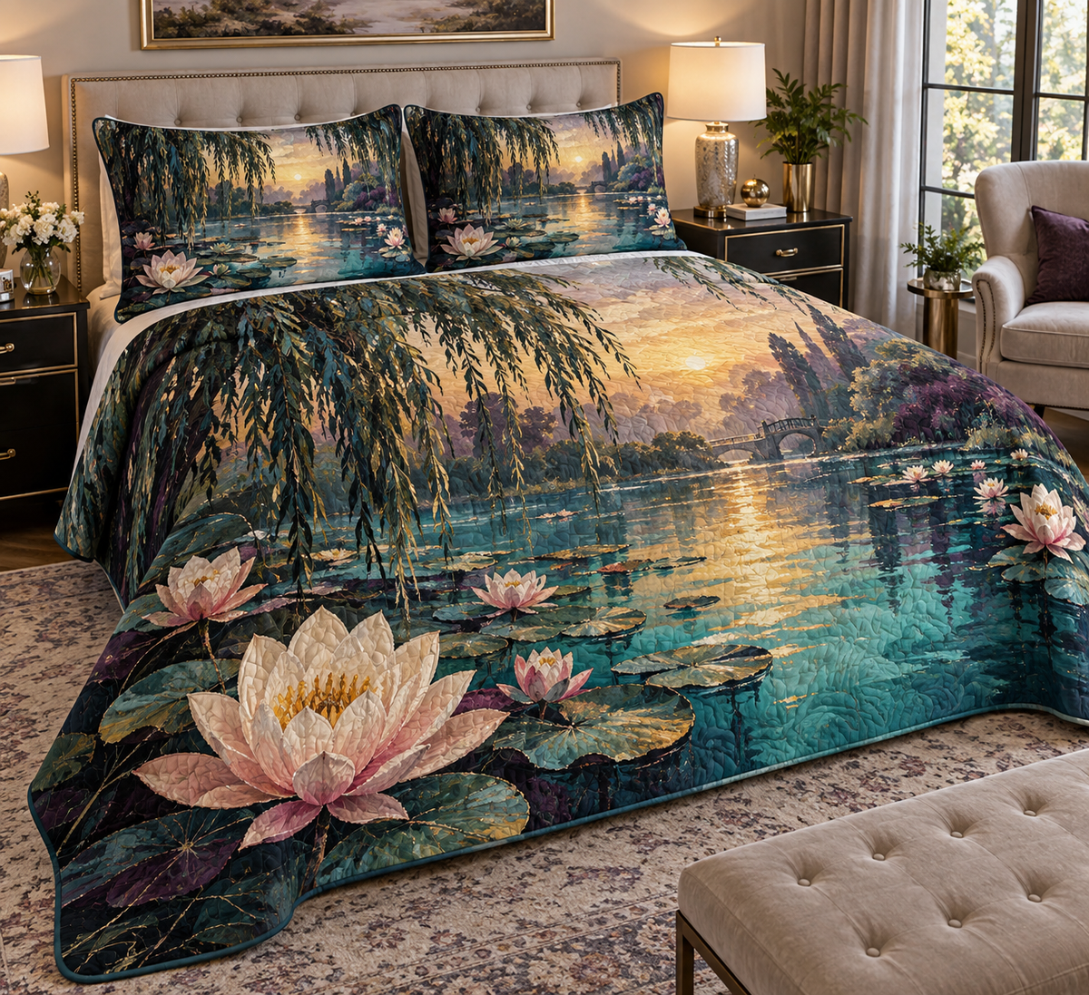 Willow Pond Bedroom Bedding Set with flat printed optical 3D willow branches, blue pond ripples and water lilies