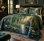 Willow Pond Living Room Bedding Set with flat printed optical 3D jade willow strands, peacock-blue pond and water lilies