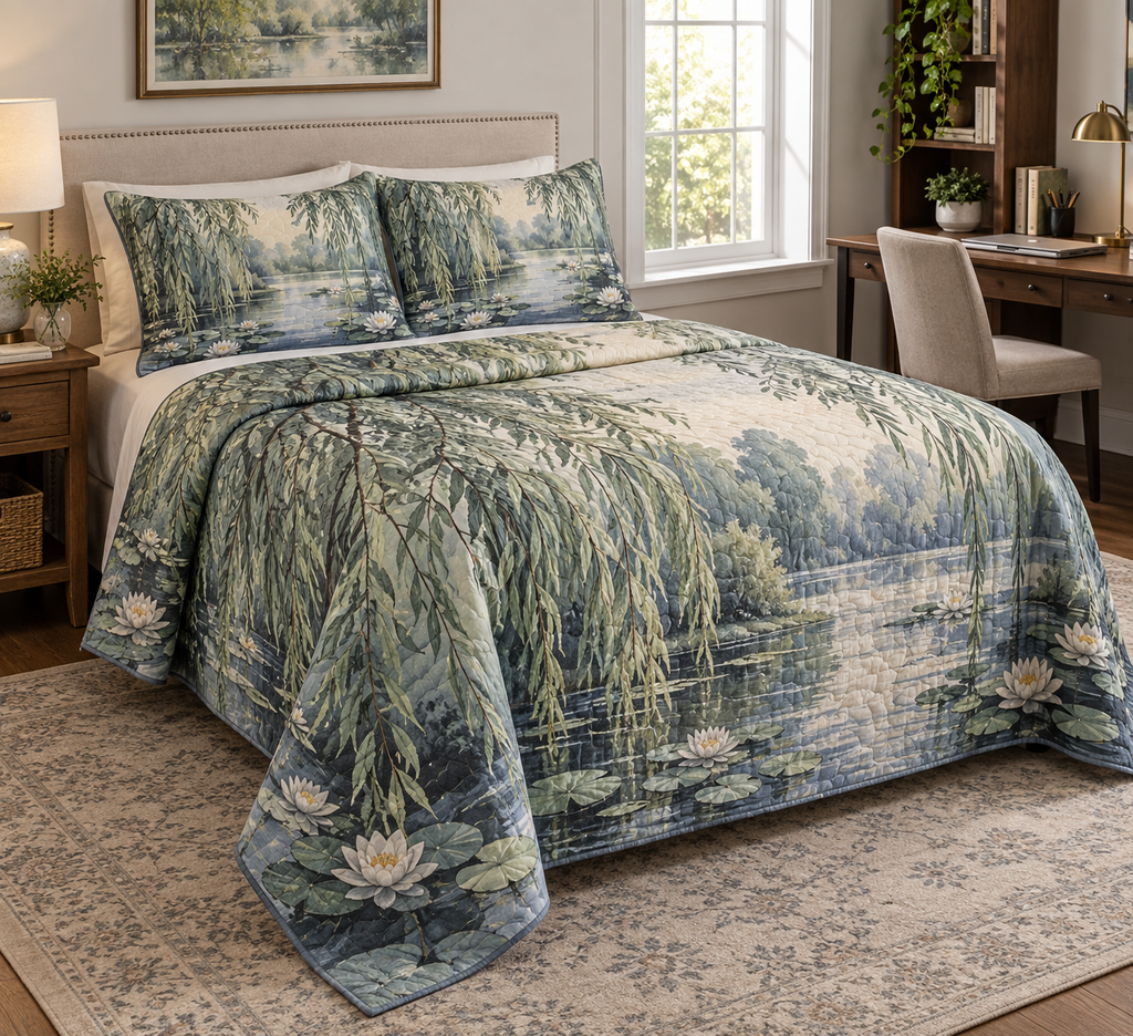 Willow Pond Home Office Bedding Set with flat printed optical 3D sage willow fronds, slate-blue pond and ivory water lilies
