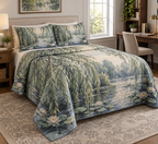 Willow Pond Home Office Bedding Set with flat printed optical 3D sage willow fronds, slate-blue pond and ivory water lilies