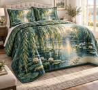 Willow Pond Housewarming Bedding Set with flat printed optical 3D willow pond artwork; family name is added from the customer input