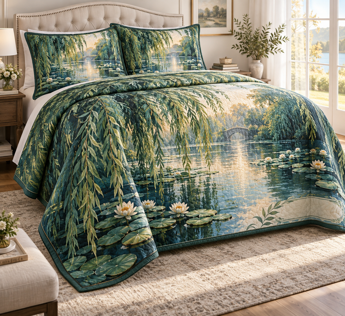 Willow Pond Housewarming Bedding Set with flat printed optical 3D willow pond artwork; family name is added from the customer input