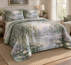 Willow Pond Quiet Corner Bedding Set with flat printed optical 3D silver-sage willow fronds, pale aqua pond and white lilies