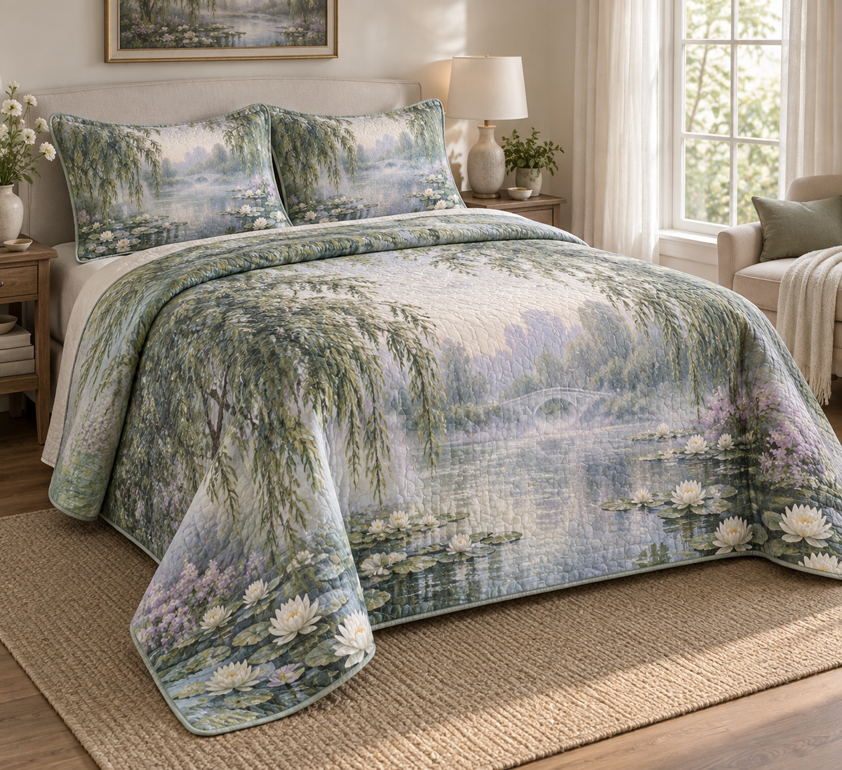 Willow Pond Quiet Corner Bedding Set with flat printed optical 3D silver-sage willow fronds, pale aqua pond and white lilies