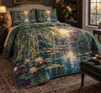 Willow Pond Collector Bedding Set with flat printed optical 3D emerald willow leaves, sapphire pond and ivory lilies