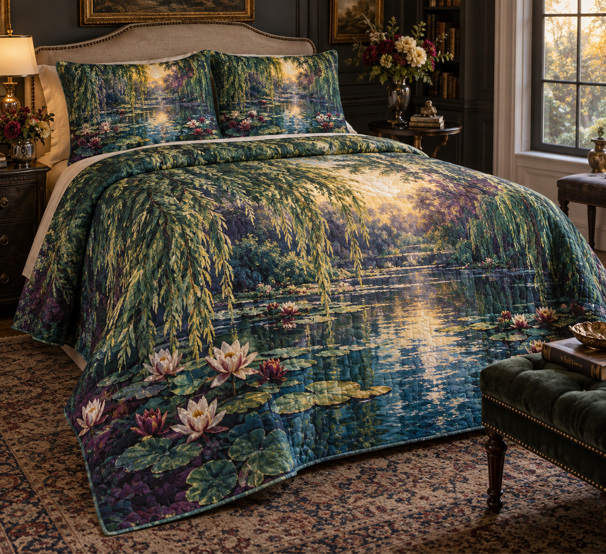 Willow Pond Collector Bedding Set with flat printed optical 3D emerald willow leaves, sapphire pond and ivory lilies