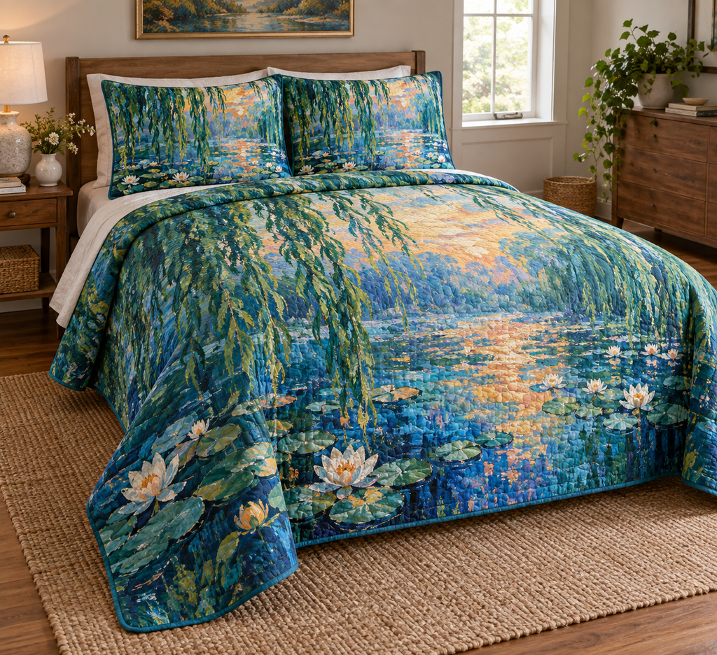 Willow Pond Hobby Studio Bedding Set with flat printed optical 3D painterly willow, cobalt pond and ivory lilies