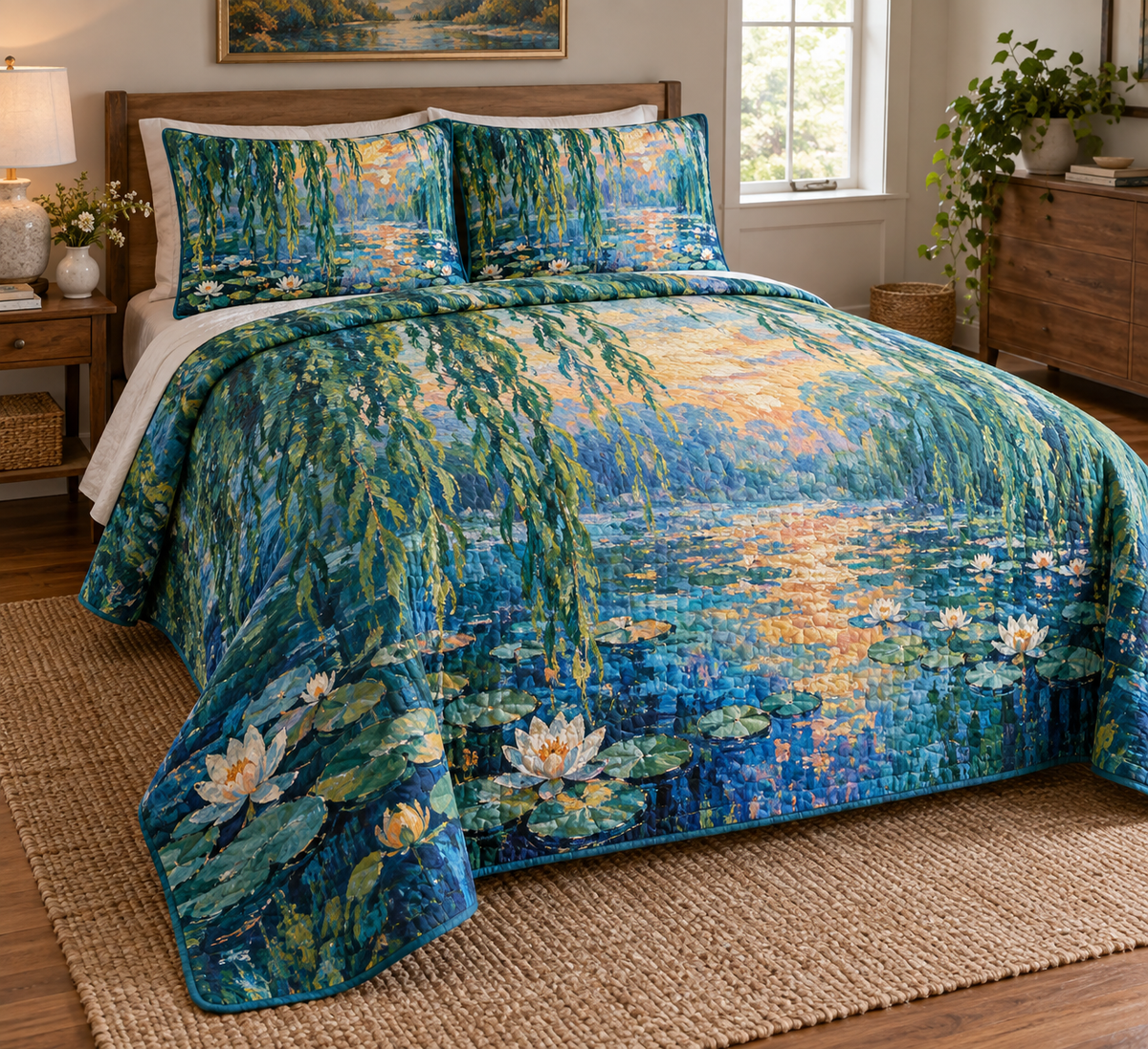 Willow Pond Hobby Studio Bedding Set with flat printed optical 3D painterly willow, cobalt pond and ivory lilies
