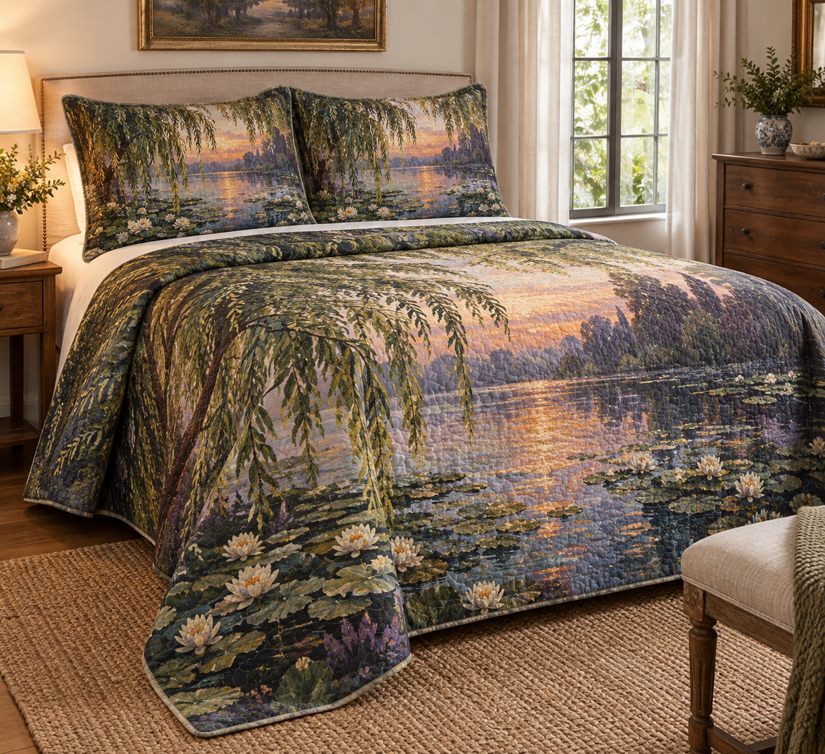 Willow Pond Host Gift Bedding Set with flat printed optical 3D jade willow boughs, blue-green pond and ivory lilies