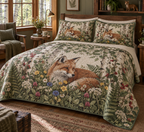 Fox Wildflower Reading Nook Bedding Set with flat printed optical 3D russet fox, buttercups, cornflowers and birch grove