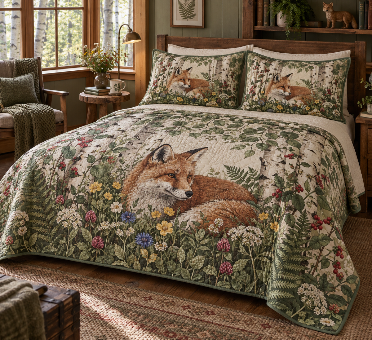Fox Wildflower Reading Nook Bedding Set with flat printed optical 3D russet fox, buttercups, cornflowers and birch grove