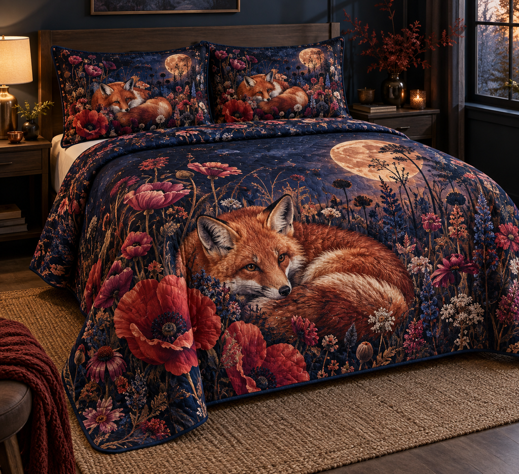 Fox Wildflower Bedroom Bedding Set with flat printed optical 3D russet fox, rose poppies and midnight meadow