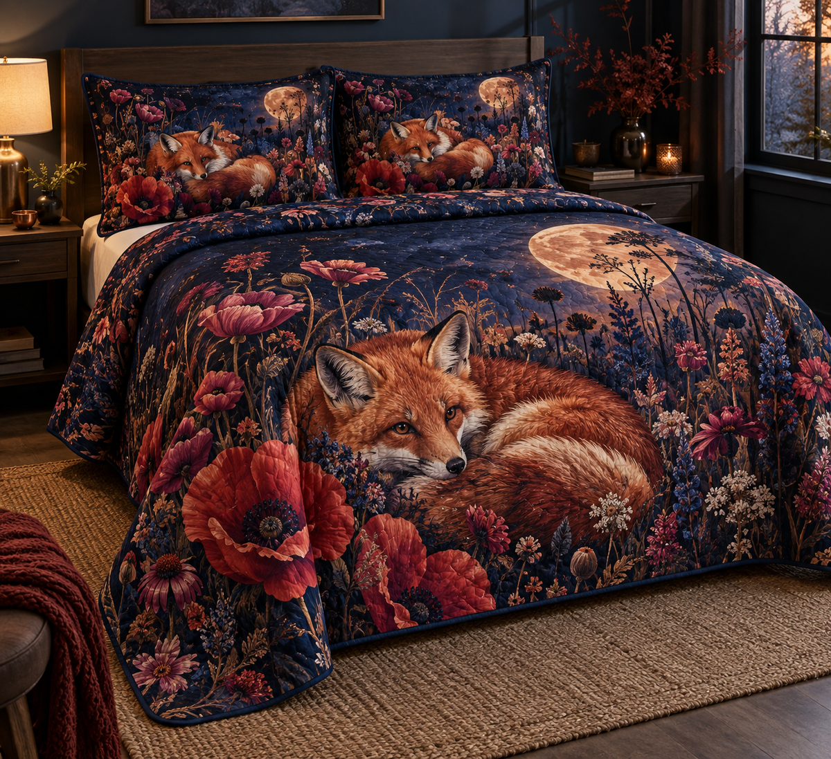 Fox Wildflower Bedroom Bedding Set with flat printed optical 3D russet fox, rose poppies and midnight meadow