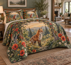 Fox Wildflower Living Room Bedding Set with flat printed optical 3D russet fox, poppies, meadow grasses and leafy arch