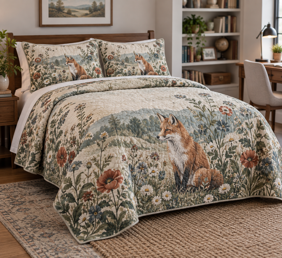 Fox Wildflower Office Bedding Set with flat printed optical 3D fox, meadow stems, sage foliage and muted rust accents