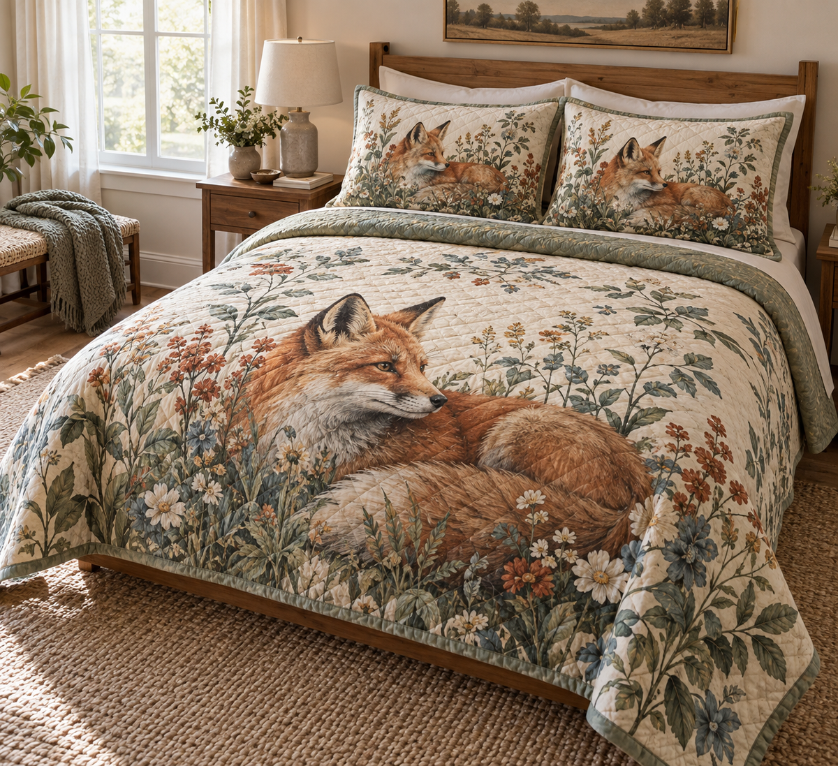 Fox Wildflower Welcome Bedding Set with flat printed optical 3D fox and wildflower artwork; family name is added from the customer input