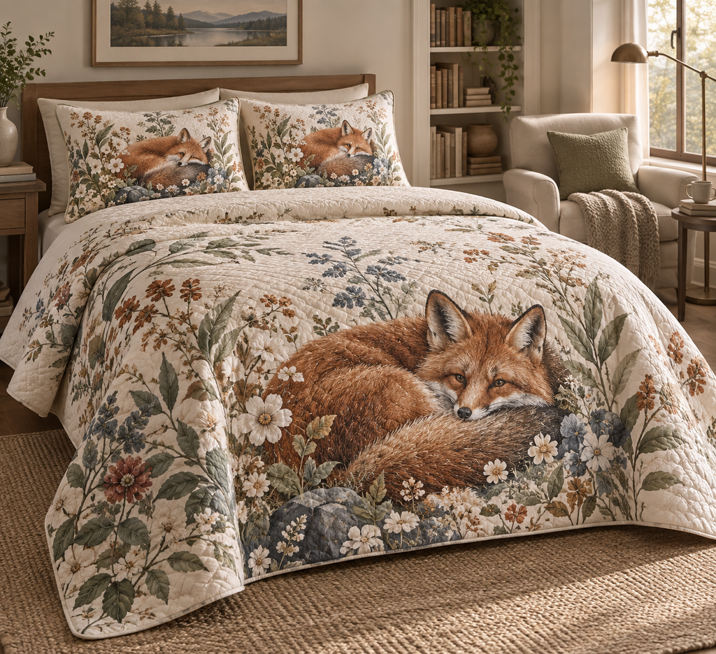 Fox Wildflower Quiet Corner Bedding Set with flat printed optical 3D fox, wildflowers, sage leaves and quiet-corner styling