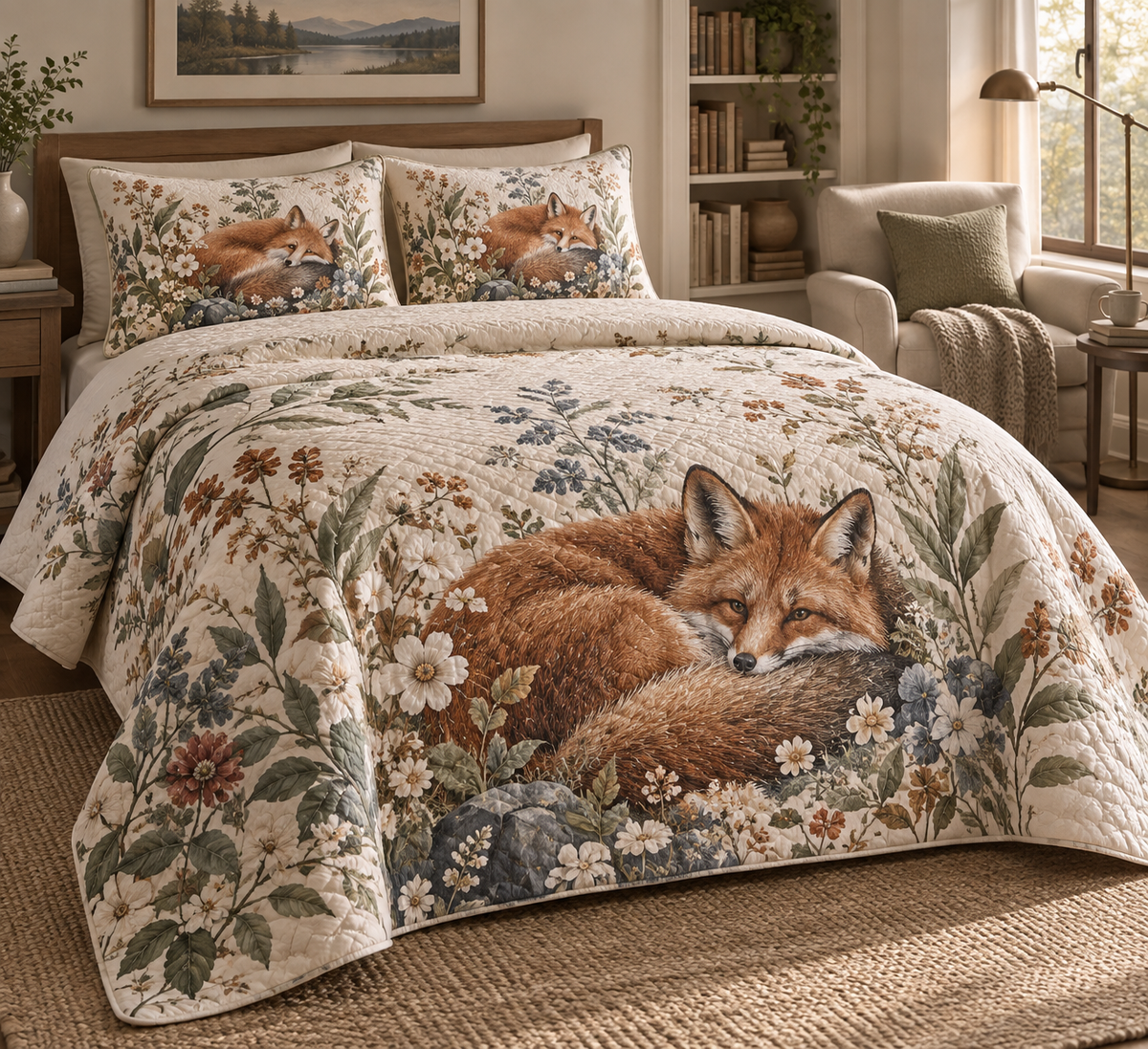 Fox Wildflower Quiet Corner Bedding Set with flat printed optical 3D fox, wildflowers, sage leaves and quiet-corner styling