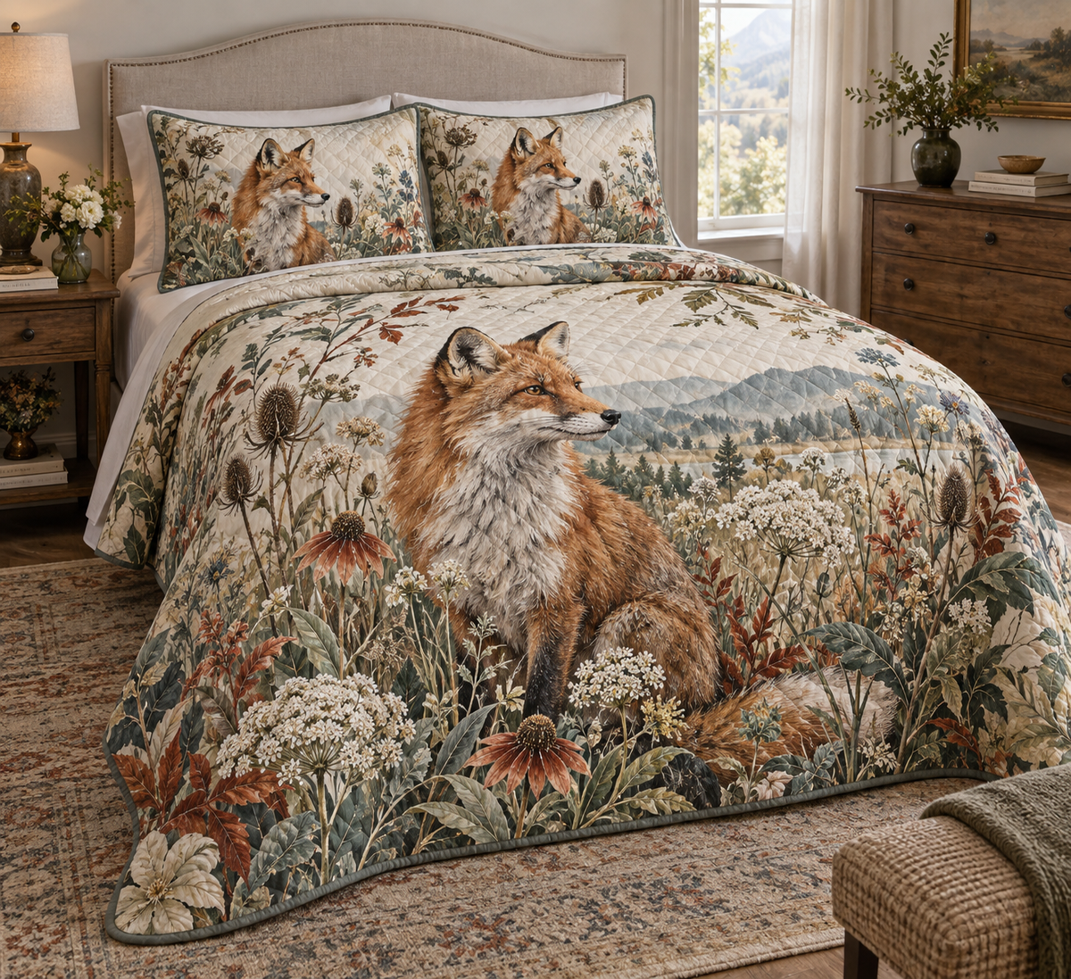 Fox Wildflower Collector Bedding Set with flat printed optical 3D fox, meadow botanicals and collector-inspired detail